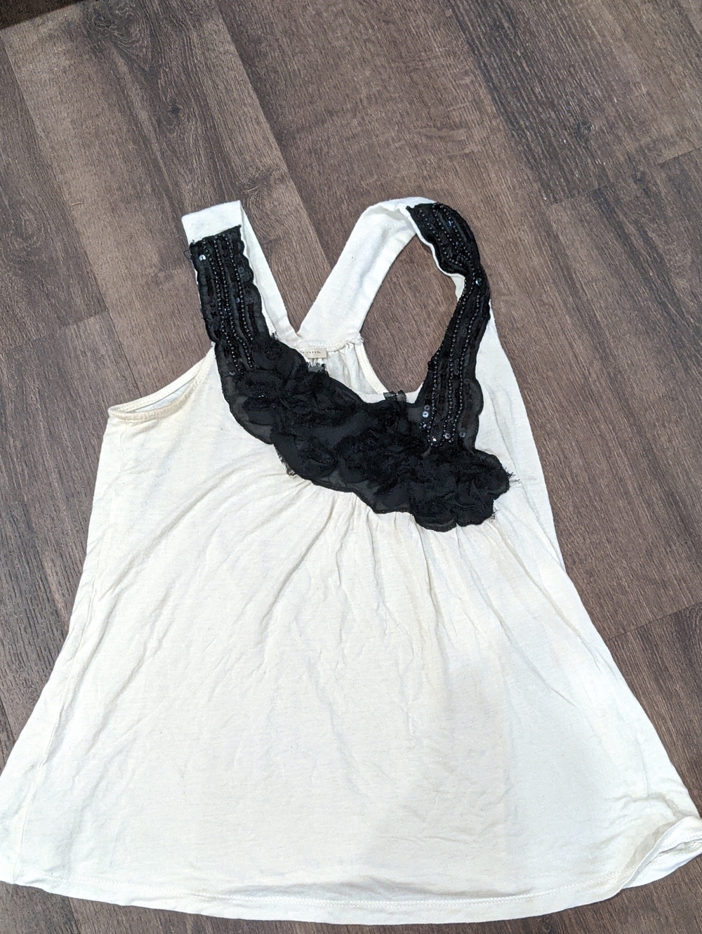Charlotte Russe Cream Racerback Tank with Black Lace & Sequin Detail